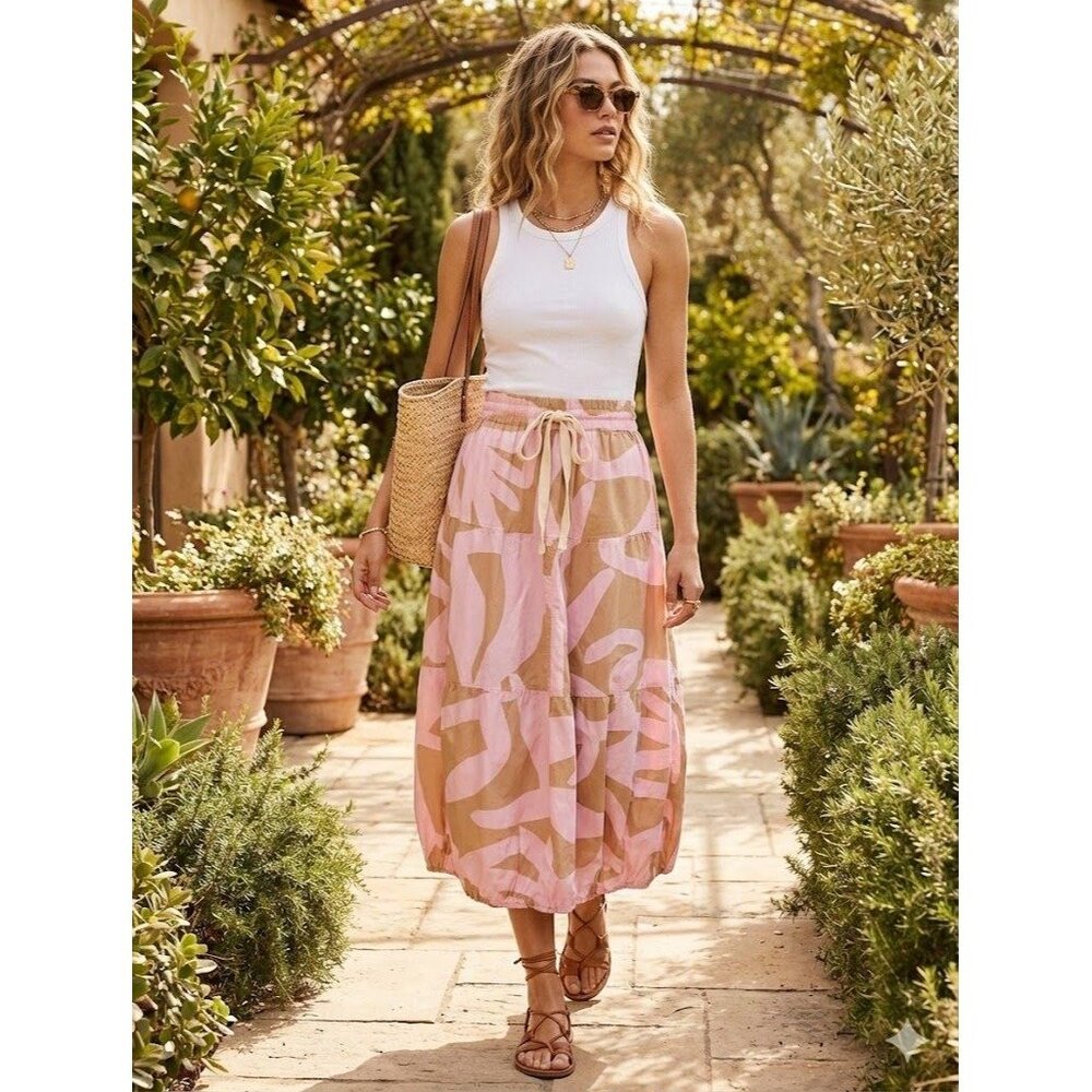 Lee Matthews Pink Beige Bubble Skirt Midi 100% Cotton Size 00 Womens Drawstring